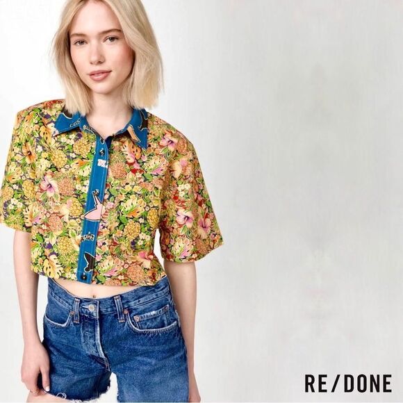RE/DONE **NWT** Oversized Crop Shirt in Multi pineapple - Picture 13 of 16